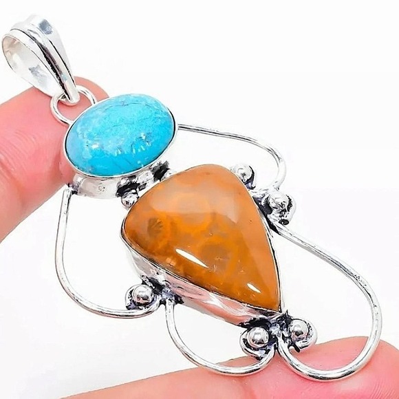 Sterling Silver Turquoise & Fossil Coral Gemstone Pendant - Picture 1 of 1